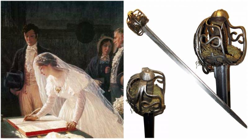 At weddings, the bride normally stands to the left of the groom so that his sword hand is free to defend against other suitors.